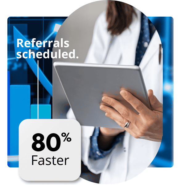 Referrals scheduled. 80% faster. a female doctor holding a tablet is shown in front of a blue line graph. 